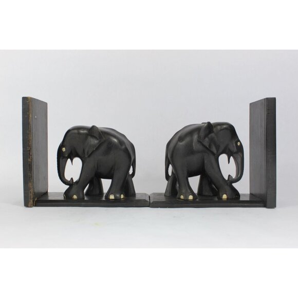 Hand Carved Wooden Elephant Bookends, Vintage Wood Book Ends, Carved Elephant De - Picture 2 of 13